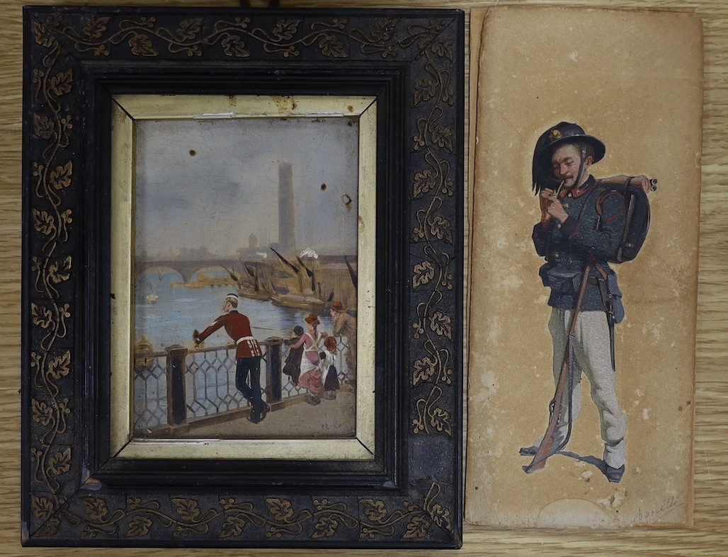 Bonetti, ink and watercolour, Study of an Italian soldier, signed, 22 x 10cm, unframed, and an overpainted print of figures overlooking The Thames